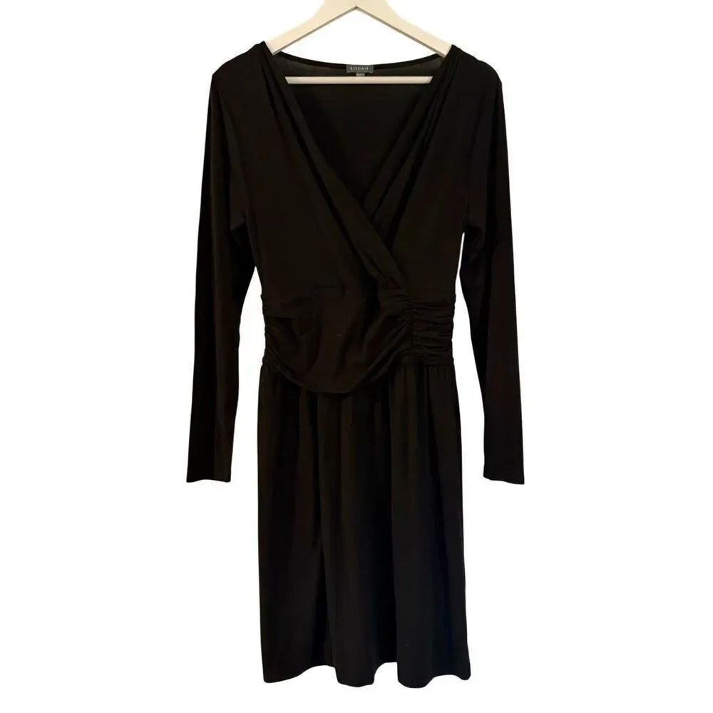 Lilla P black jersey ruched waist faux wrap dress size M